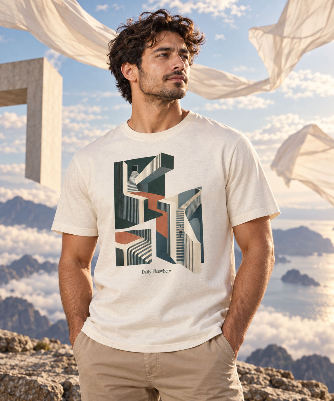 Different Gravity — Female model wearing a light T-shirt with the front artwork. Daily Elsewhere.