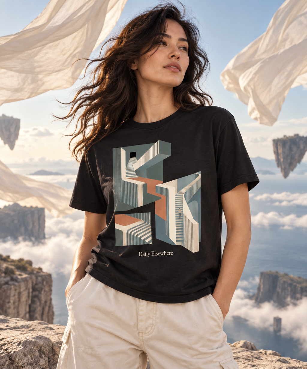 Different Gravity — Dark T-shirt with light front artwork on a contextual background. Daily Elsewhere.