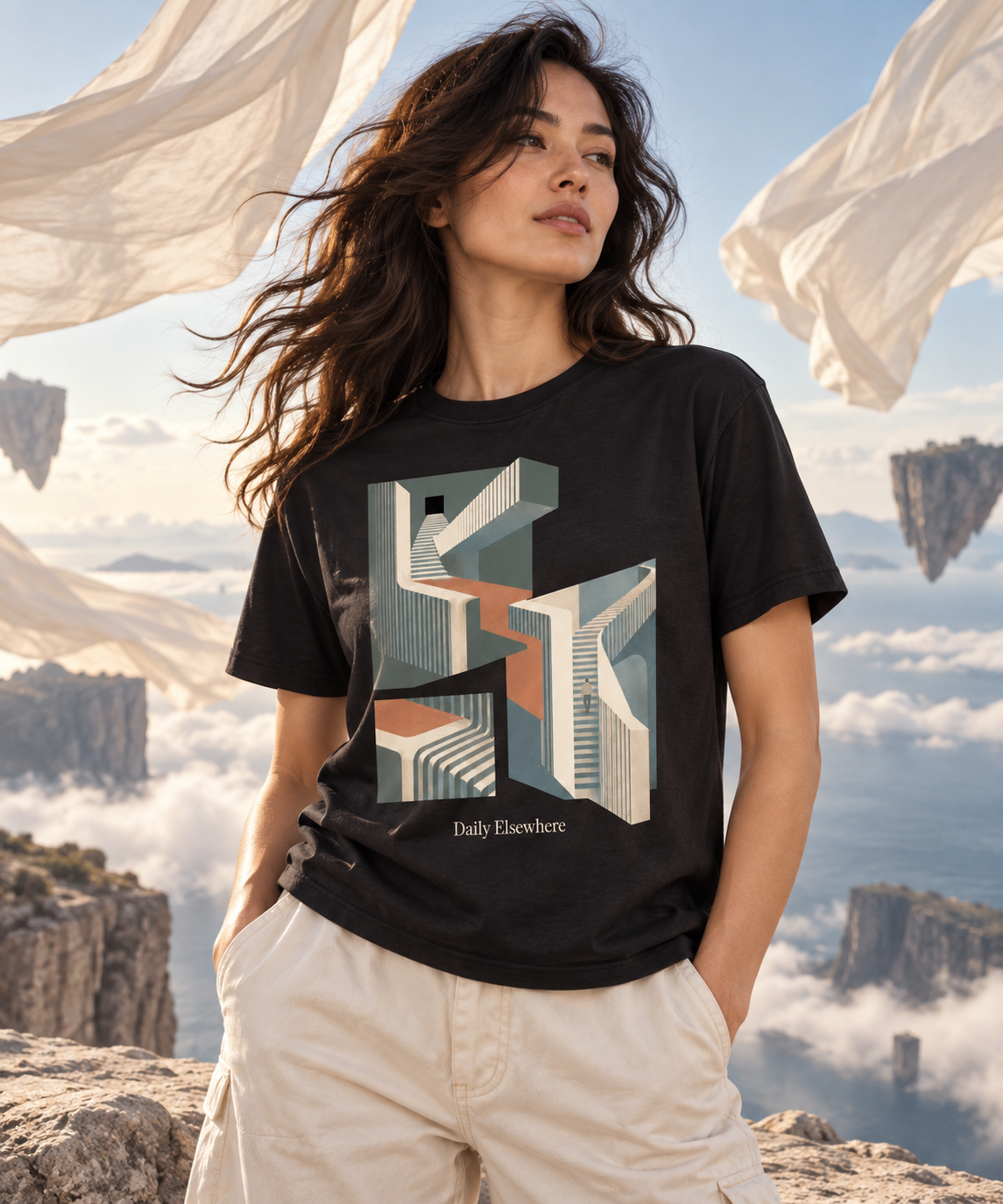 Different Gravity — Dark T-shirt with light front artwork on a contextual background. Daily Elsewhere.