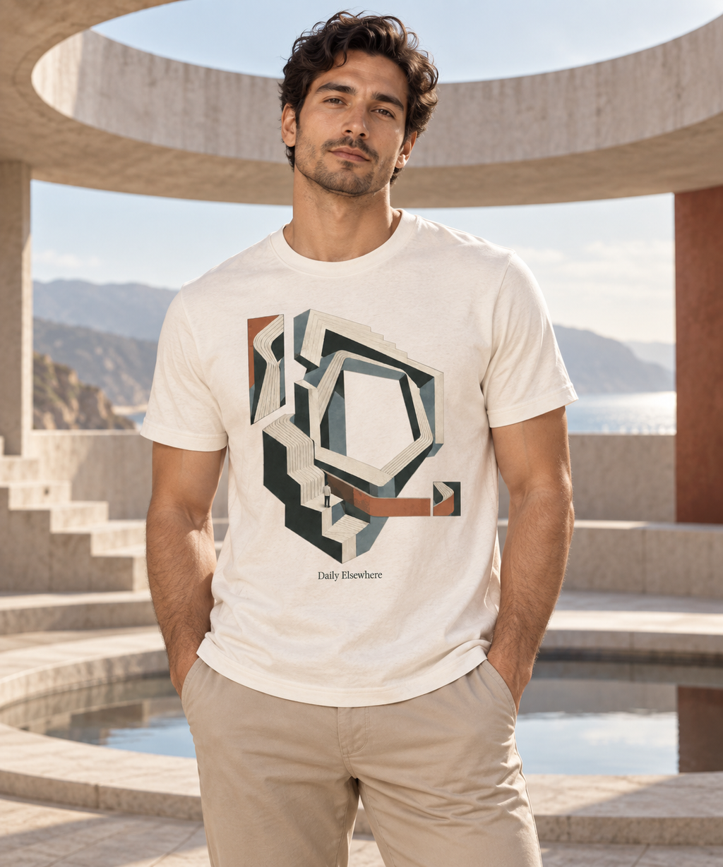 Open Recursion — Male model wearing a light T-shirt with the front artwork. Daily Elsewhere.