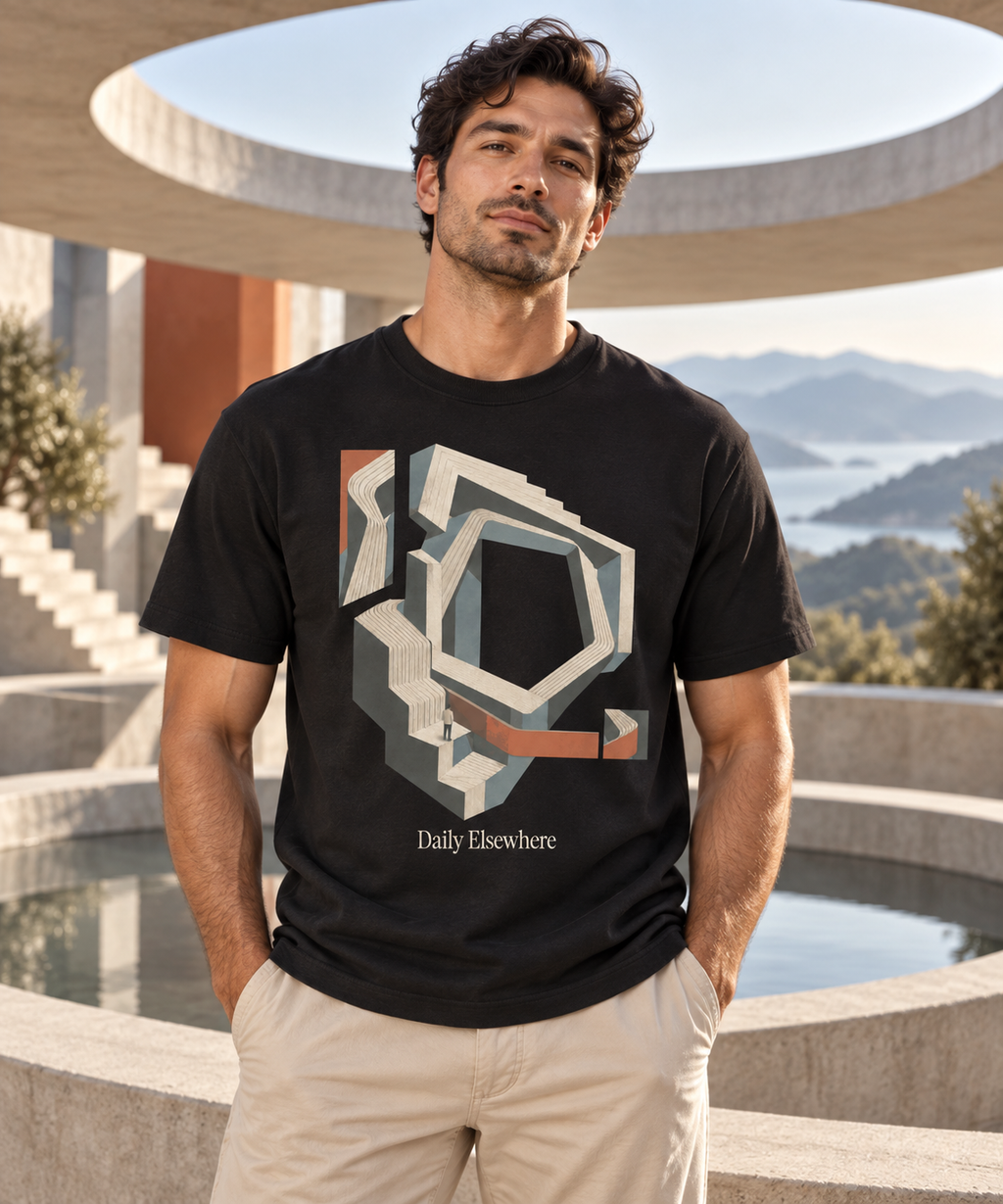 Open Recursion — Male model wearing a dark T-shirt with light front artwork. Daily Elsewhere.