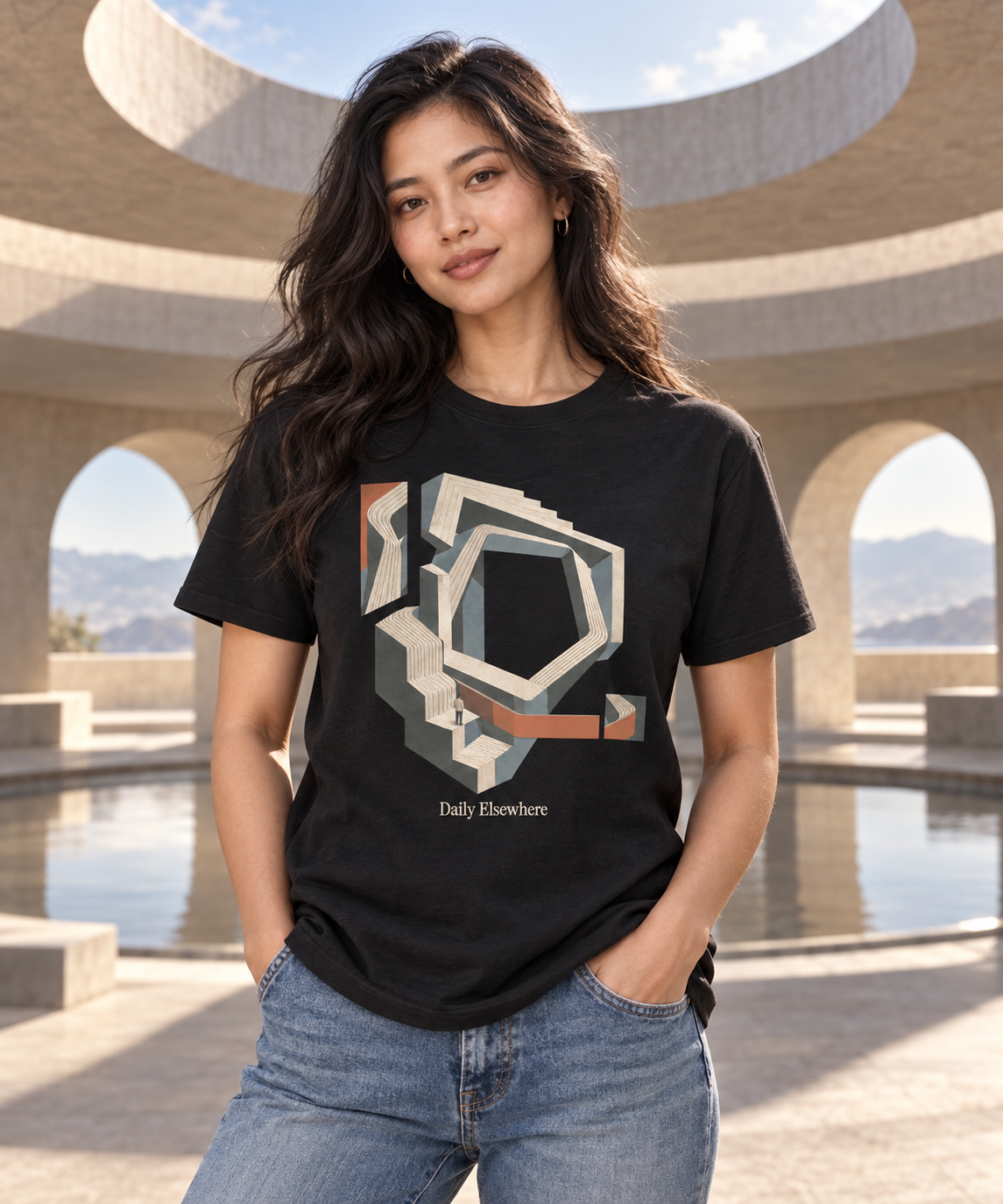 Open Recursion — Female model wearing a dark T-shirt with light front artwork. Daily Elsewhere.