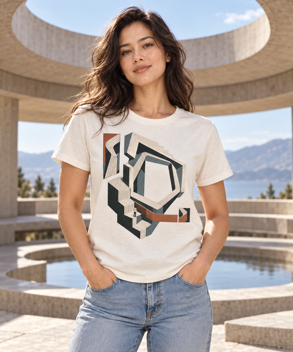 Open Recursion — Female model wearing a light T-shirt with the front artwork. Daily Elsewhere.