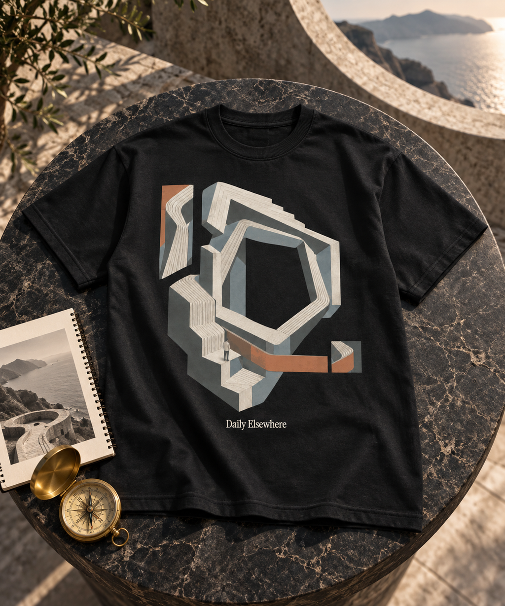 Open Recursion — Dark T-shirt with light front artwork on a contextual background. Daily Elsewhere.