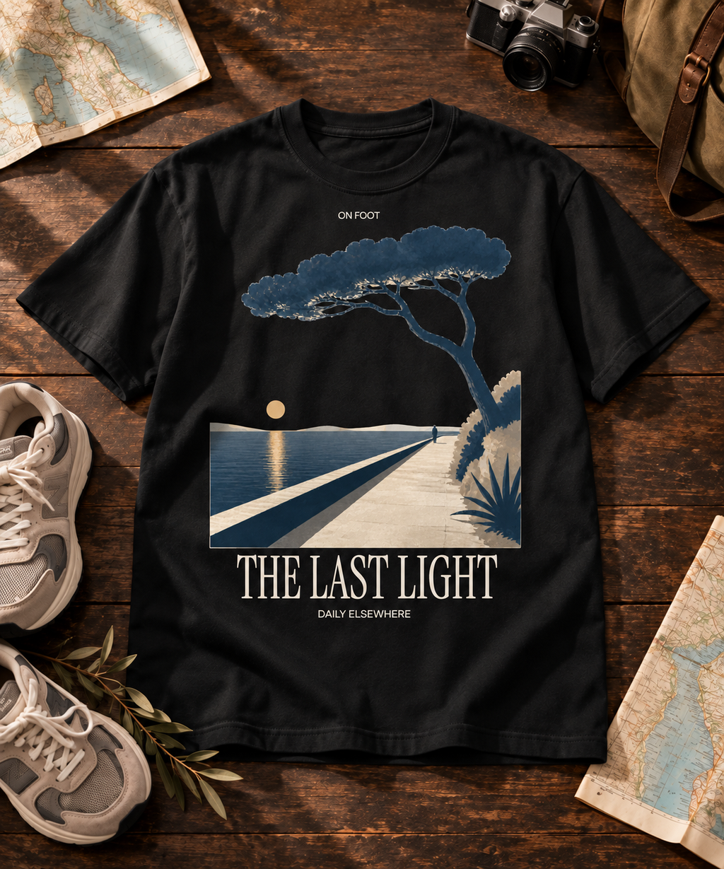 The Last Light black T-shirt with light front artwork, arranged with a camera and map on a wooden table.