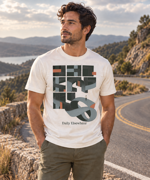 A Different Route — Male model wearing a light T-shirt with the front artwork. Daily Elsewhere.