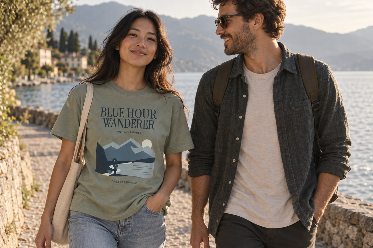 Daily Elsewhere shared-world story — adult people aged 25–35 with a visible front print.