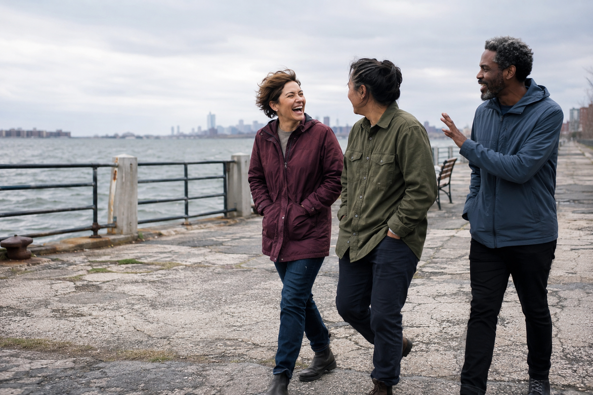 Three friends sharing a laugh as they walk beside the water.