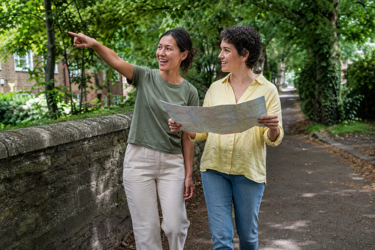 Two friends finding their route together during a walk.