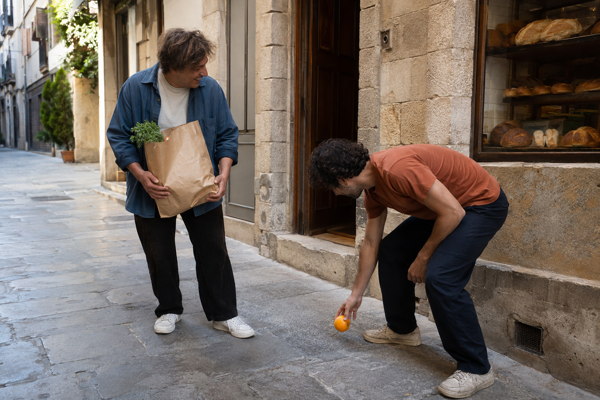 Two friends picking up a dropped orange outside a neighbourhood bakery.