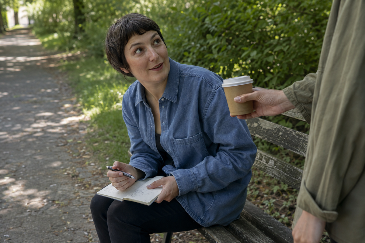 A pause for a field note and a coffee on a park bench.