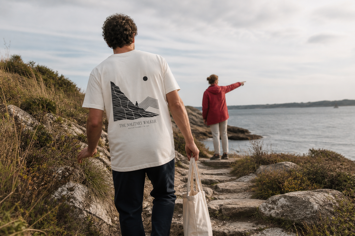 The Solitary Walker in Ivory, worn on a coastal walk.