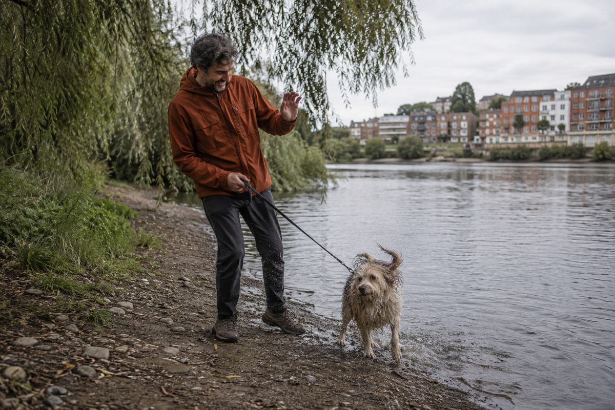 An unexpected splash during a walk with a dog beside the river.