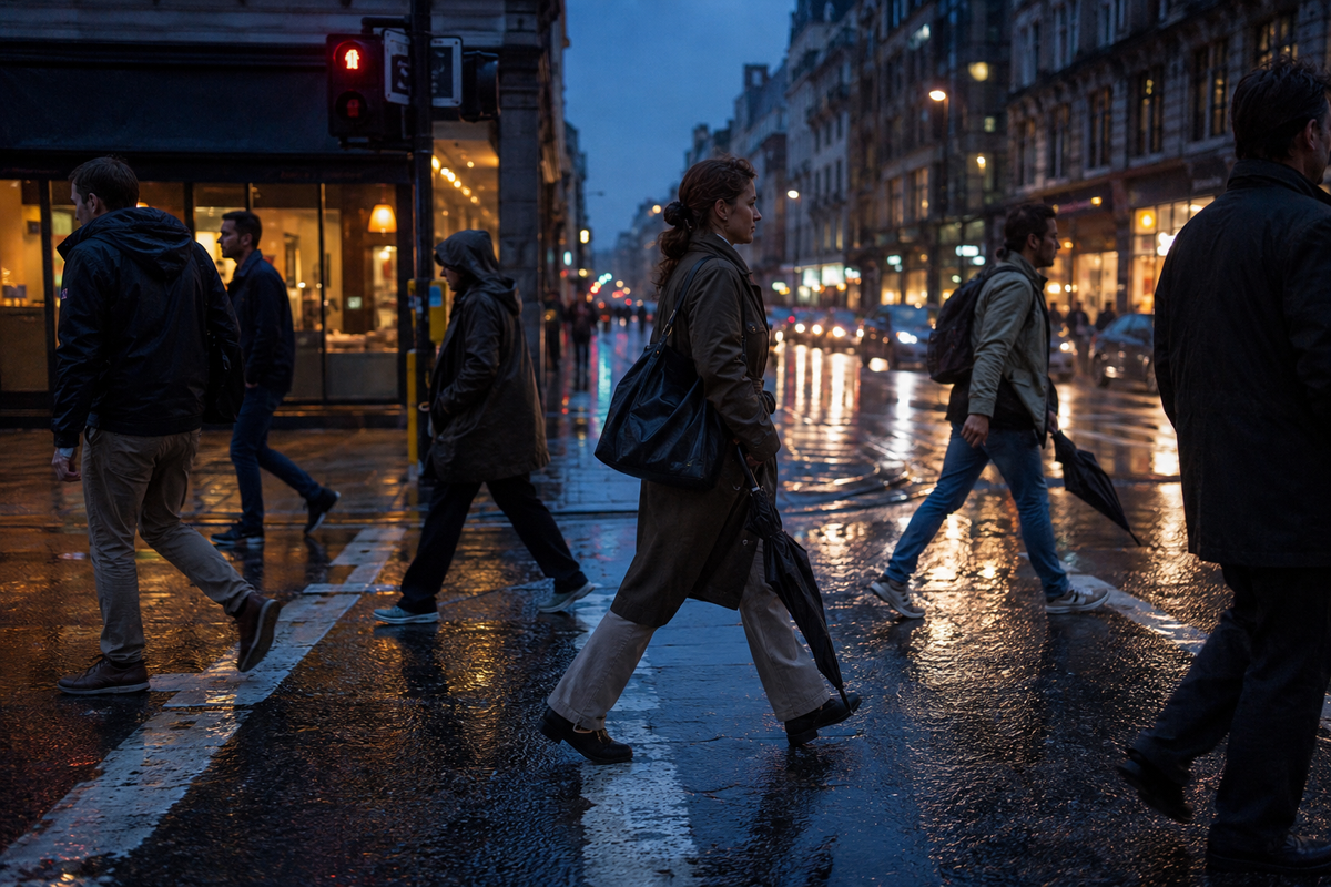 People crossing a rain-soaked street at blue hour.