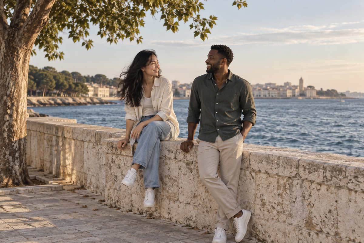 Two friends pause by a stone wall on a calm coastal promenade.